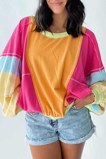 Wellda, Plus Size Colorblock Patchwork Exposed Seam Sweatshirt, WDPL253609-P622