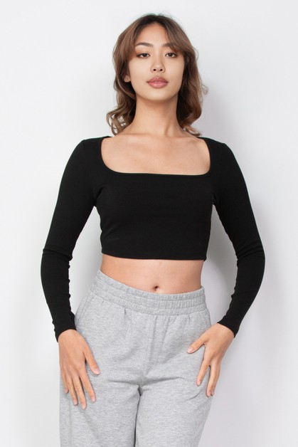 I LOVE S&S, Square Long Sleeve Solid Crop Top, BT03701-2