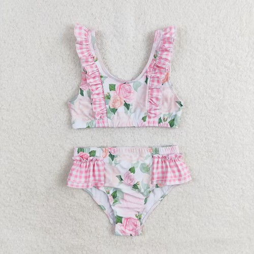Yawoo Garments, plaid ruffle floral two pieces girls summer swimsuit, S0318