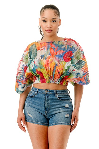 OMG STYLES, PLUS Billowing Pleated Sheer Crop Top with Inner T, OT115PXH1
