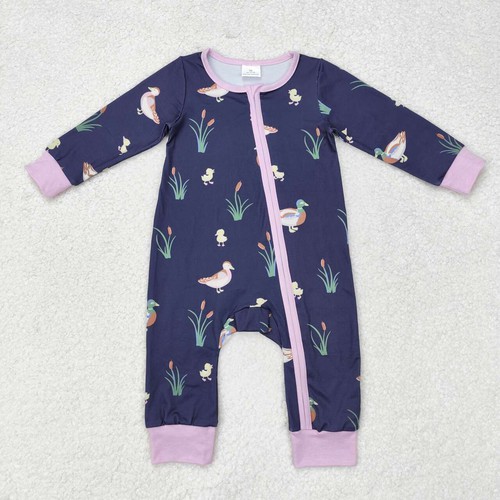 Yawoo Garments, Long sleeves pink duck baby girls zipper romper, LR1036