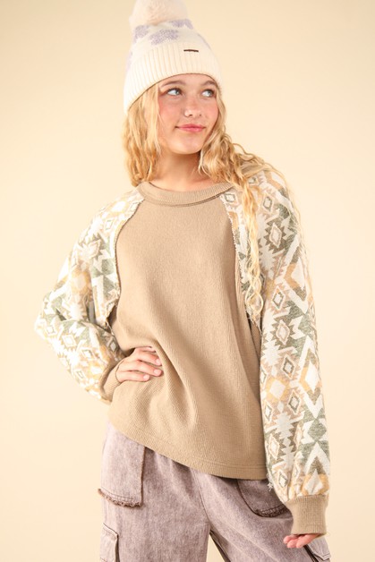 VERY J, PLUS SIZE Aztec Printed Sleeve Oversized Top, VT15189X-1