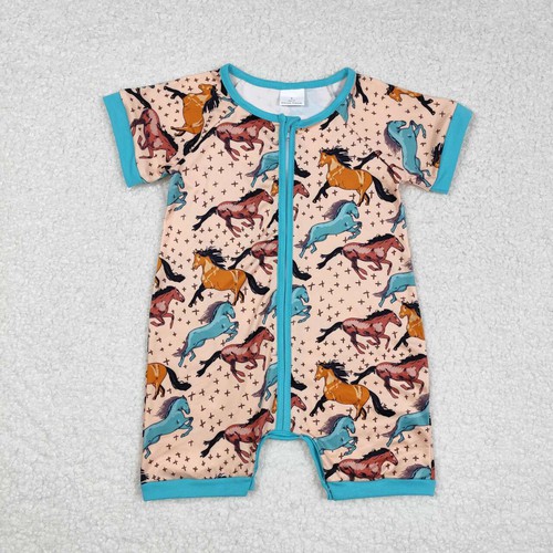 Yawoo Garments, Short sleeves horse baby boys zipper summer romper, SR0934