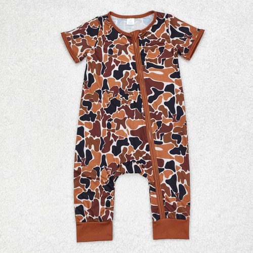 Yawoo Garments, Brown short sleeves camo baby boy zipper sleeper, SR1895