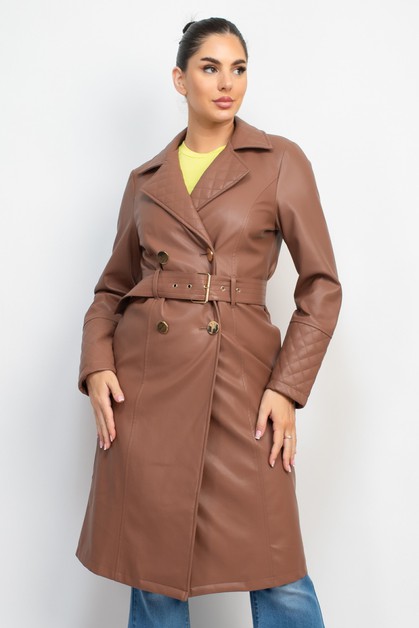 I LOVE S&S, Faux Leather Double Breasted Coat, HMJ21008-2