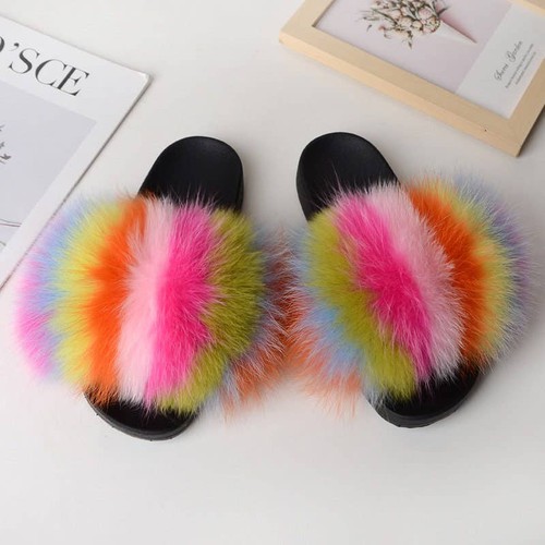Fanskoo, New Fashion Large Fur Real Natural Fox Fur Slides, SH23041304
