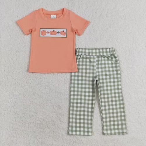 Yawoo Garments, Pumpkin short sleeves top plaid pants boys fall clothes, BSPO0451
