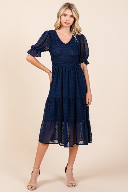 ROLYPOLY, Smocked Short Sleeve Tiered Midi Dotted Dress, KAD1355