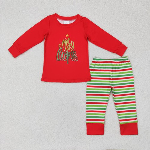Yawoo Garments, Merry Christmas red top stripe pants boys pajamas, BLP0528