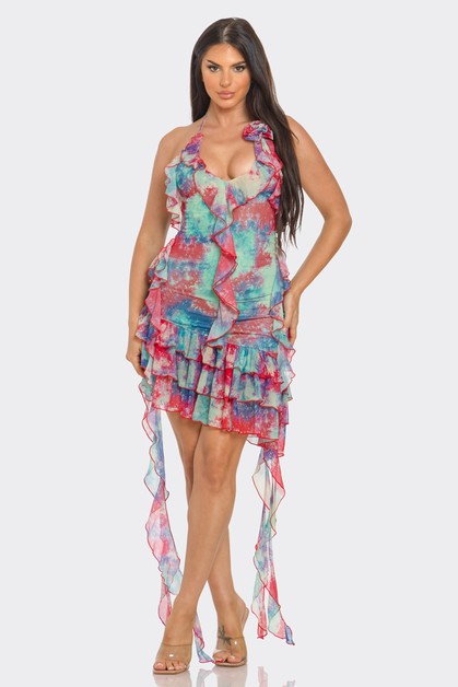 CAPSULLE, Melting Printed Mesh Ruffle Dress with Corsage, CD6348