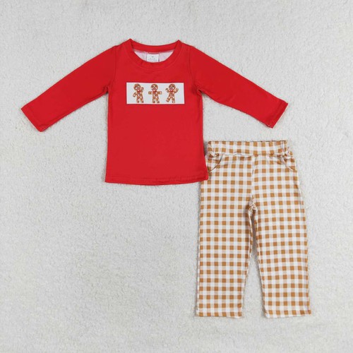 Yawoo Garments, Gingerbread top plaid pants kids boys Christmas outfits, BLP0552
