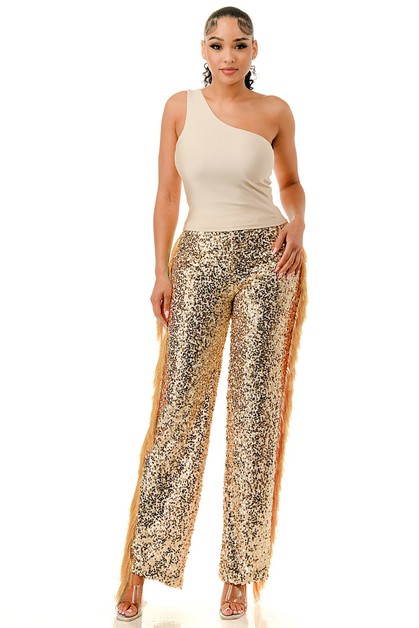 OMG STYLES, PLUS ONE SHOULDER TANK TOP AND SEQUINS PANT SET, OS4251-0831XH1