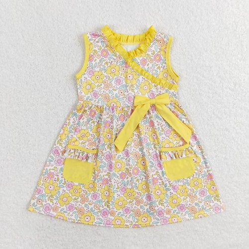 Yawoo Garments, Yellow sleeveless floral pockets baby girls dresses, GSD1216