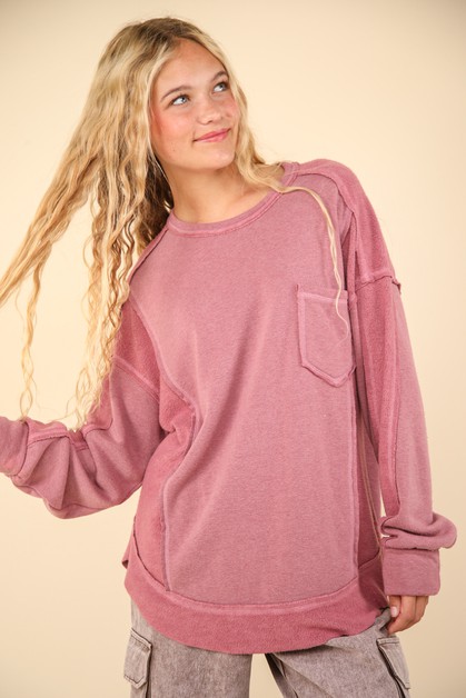VERY J, PLUS SIZE Contrast French Terry Knit Oversized Top, NT11812X-1
