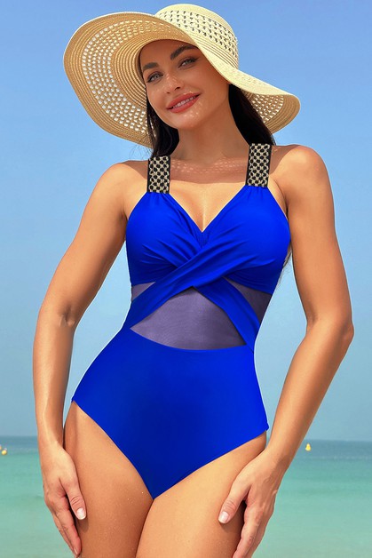 MOUNTAIN VALLEY TRADING, Color Block Cross Lace Halter One Piece Swimsuits, GH2405WM400432-2
