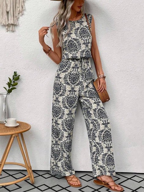 YUKA FASHION, Boho Sleeveless Paisley Jumpsuit Elastic Waist, 6784fg768