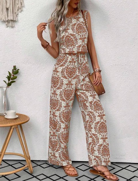 YUKA FASHION, Boho Sleeveless Paisley Jumpsuit Elastic Waist, 6784fg66