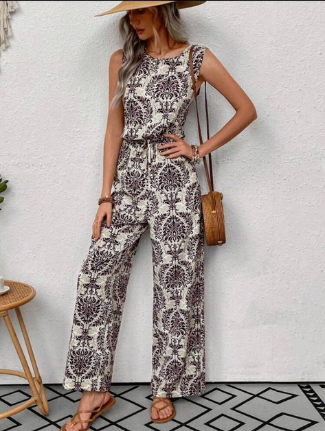 YUKA FASHION, Boho Sleeveless Paisley Jumpsuit Elastic Waist, 6784fg66