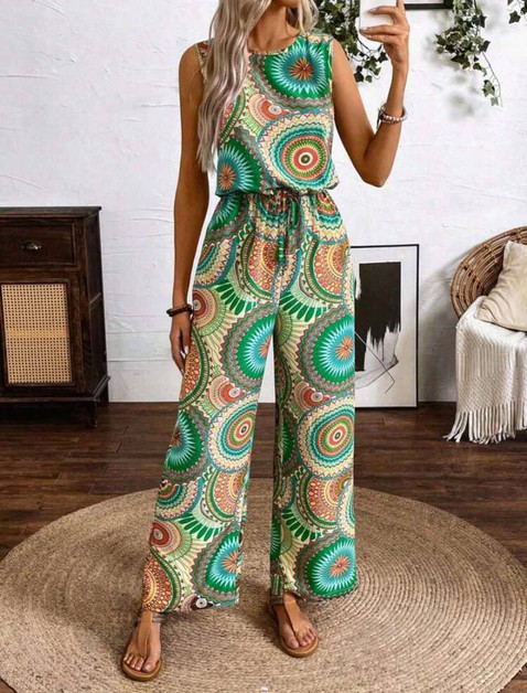 YUKA FASHION, Boho Sleeveless Paisley Jumpsuit Elastic Waist, 6784fg77