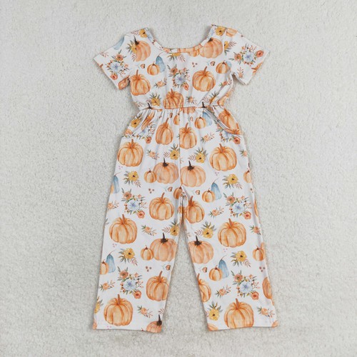 Yawoo Garments, Short sleeves floral pumpkin pockets girl fall jumpsuit, SR1880