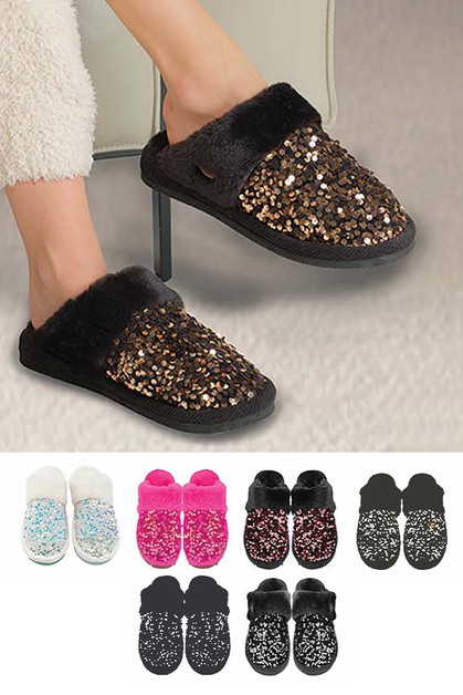 Fashion City, Sequin Faux Fur Home Slippers, 28-SPE0012