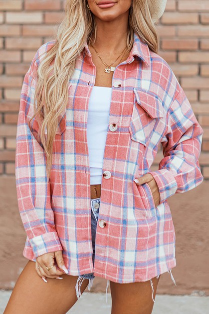 YOUMI, Pink Plaid Flap Pocket Button Up Shacket, YM8513333-P1022
