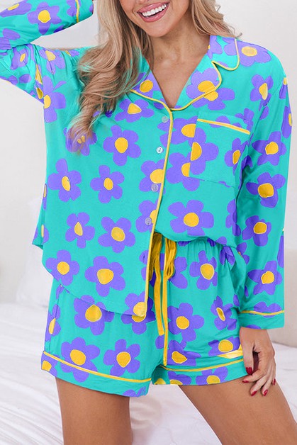 Wellda, Flower Print Long Sleeve Shirt Shorts Pajamas Set, WD151030-P920