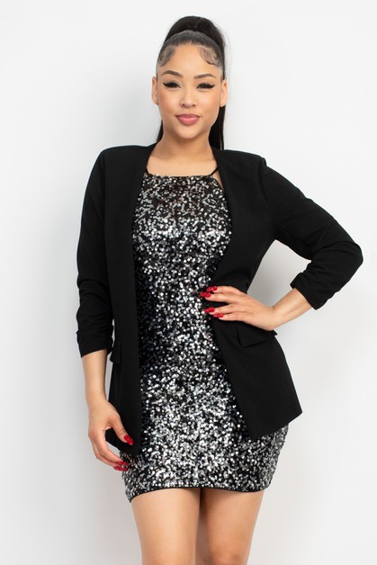 I LOVE S&S, Open Front Ruched Sleeve Blazer Jacket, IJ99317