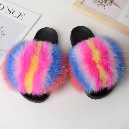 Fanskoo, New Fashion Large Fur Real Natural Fox Fur Slides Fluffy Fur, SH23041304