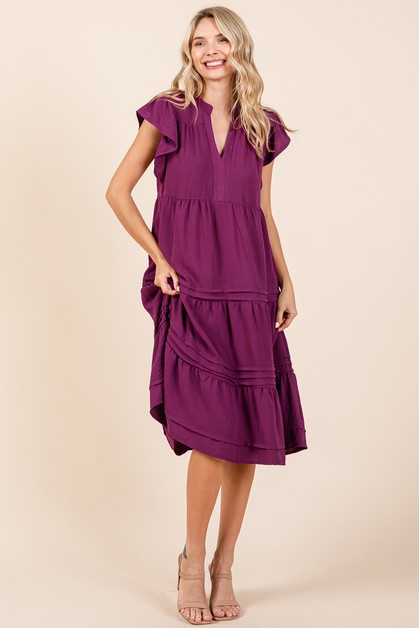 ROLYPOLY, V Neck Tiered Flutter Sleeve Pleated Midi Dress, RP11109F