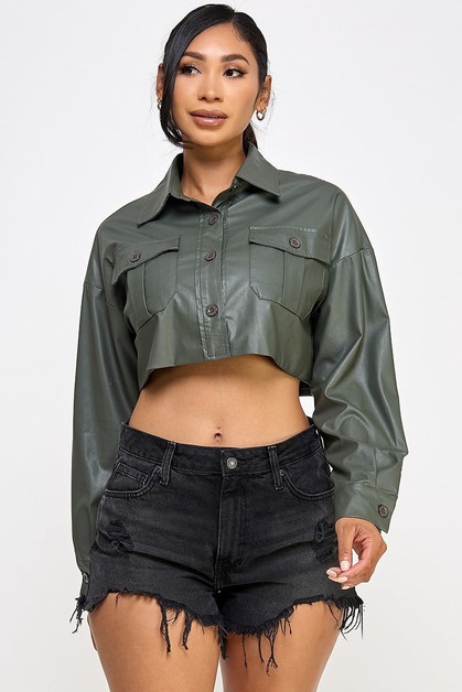BLACK PEARLS CLOTHING, 2024 Fall Chic Cropped PU Jacket, T9000