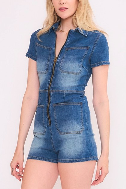 Light So Shine, STRETCHED WASHED DENIM COLLARED ZIP UP ROMPER, NSG-RP9502-4