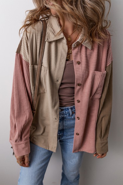 SHEWIN, Color Block Chest Pockets Buttoned Corduroy Shacket, undefined