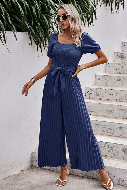 MOUNTAIN VALLEY TRADING, Solid Pleated Hem Belted Wide Leg Jumpsuit, OH2306JT300522-D