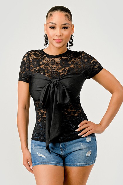 OMG STYLES, Plus Short Sleeve Front Tie Lace Top, OT6551XH1