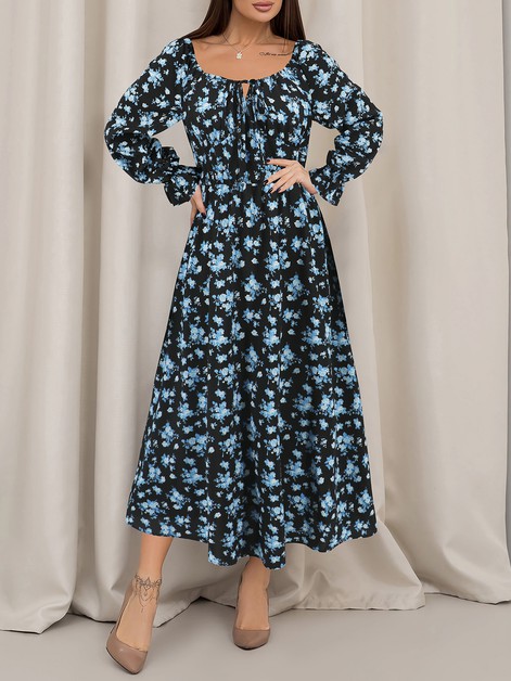 ENXIN INTERNATIONAL TRADING CO, Square Neck Tie-up Long Sleeve Floral Midi Dress, HYG-LQ960