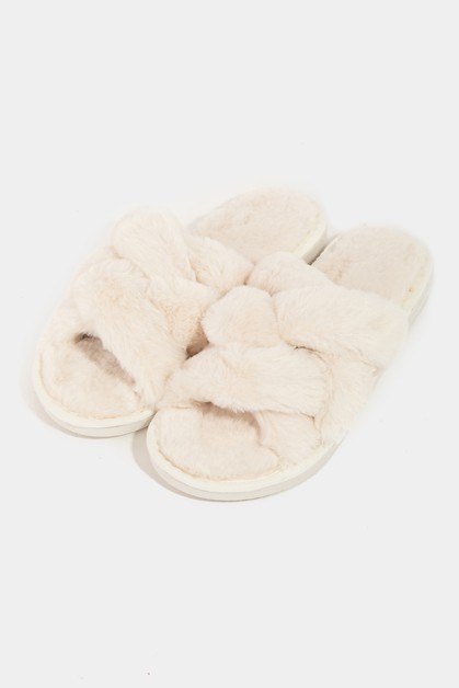 FAME ACCESSORIES, Open Toe Cross Band Fur Slippers, MMSL7035