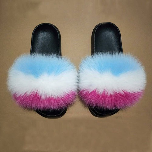 Fanskoo, New Fashion Large Fur Real Natural Fox Fur Slides Fluffy, SH23041307