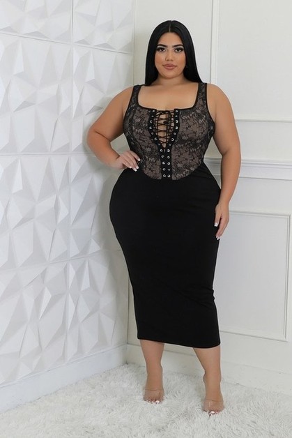 BLACK PEARLS CLOTHING, Plus Size Clothing Chic Lace-Up Square Neck Dress, D27954X