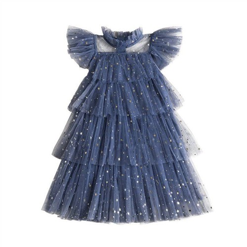 Loprit, Sequined Star Tulle Dress with Flutter Sleeves - Girls` Part, ZT-6125041