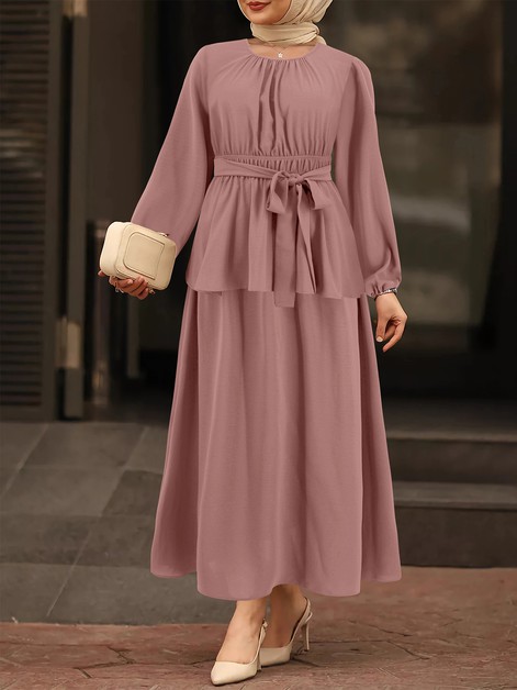 ENXIN INTERNATIONAL TRADING CO, Solid Color Muslim Long Sleeve Midi Skirt Two Piece Set, HYG-LQ968-1