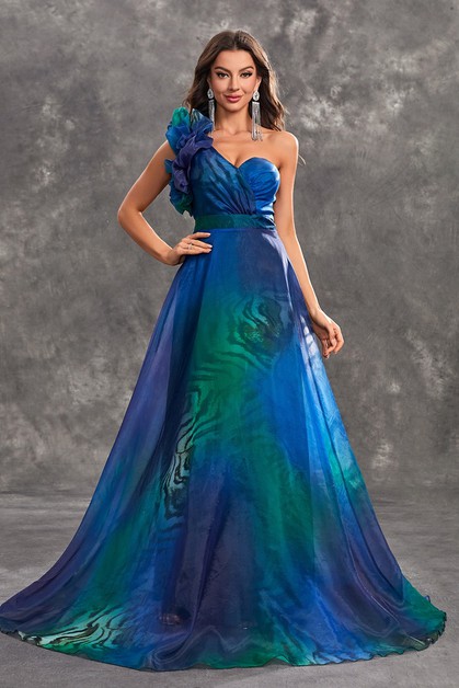 LittleNaive, Peacock Blue Printed Sleeveless Evening Gown, LT-1721