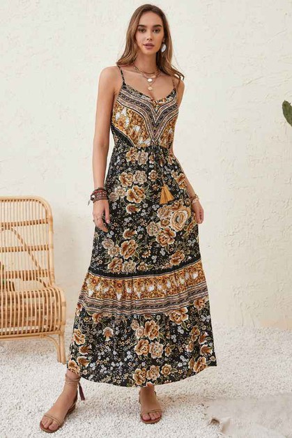 REFLEX GARMENTS COMPANY, Retro Boho Floral Tassel Tie Maxi Dress Casual, RD7021