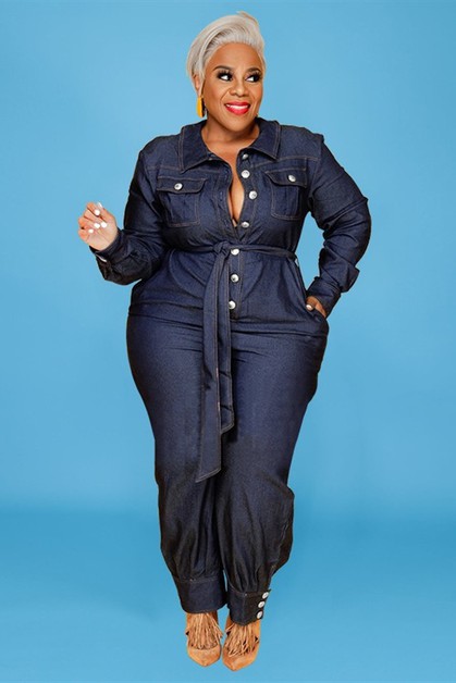 MAEJOY FASHION, plus size collared buttoned denim jumpsuit, PJS107