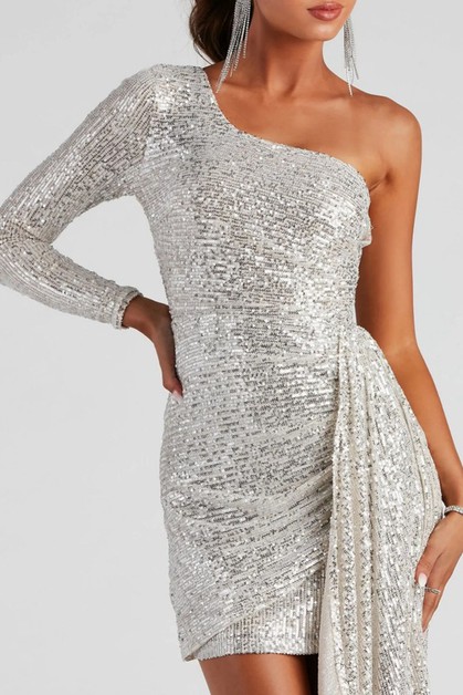 LittleNaive, Elegant Slit Long Sleeve Sequin Evening Gown, LT-1422