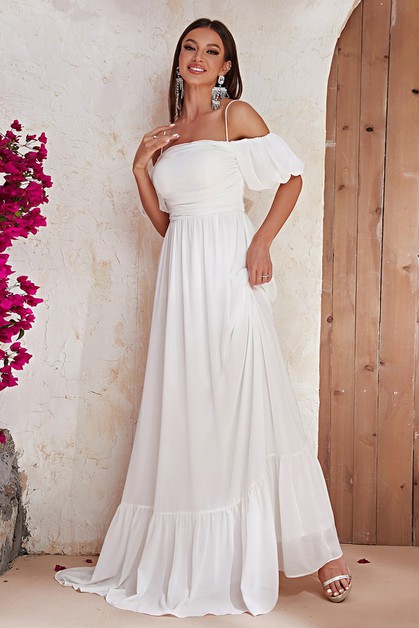 LittleNaive, Off-Shoulder White Maxi Evening Gown, LT-1719