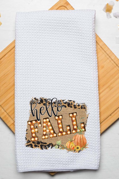 CALI BOUTIQUE, Hello Fall Marquee Pumpkin Leopard Waffle Weave Towel, 64521t