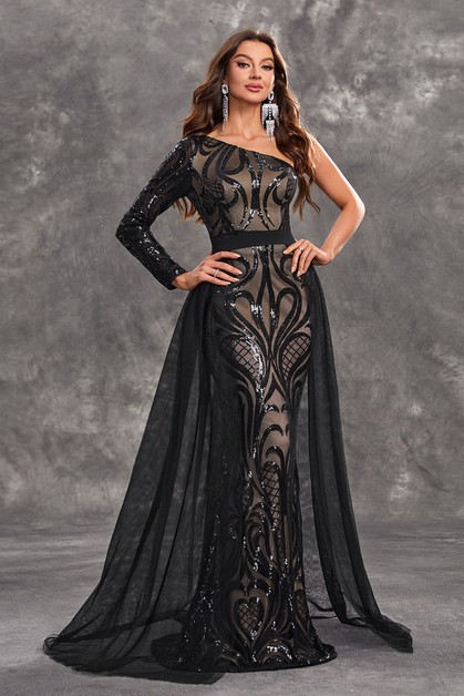 Sequined One-Shoulder Printed Mermaid Evening Gown