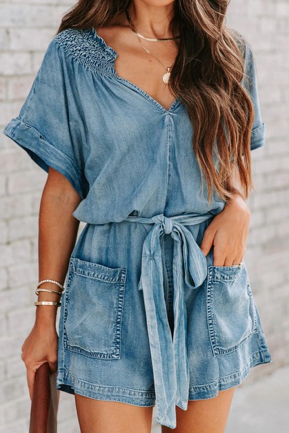 DE VAVE, Short Sleeve Tie Waist Denim Romper, JL24P1031J