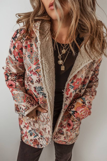 Vintage Paisley Floral Sherpa Lined Hooded Jacket